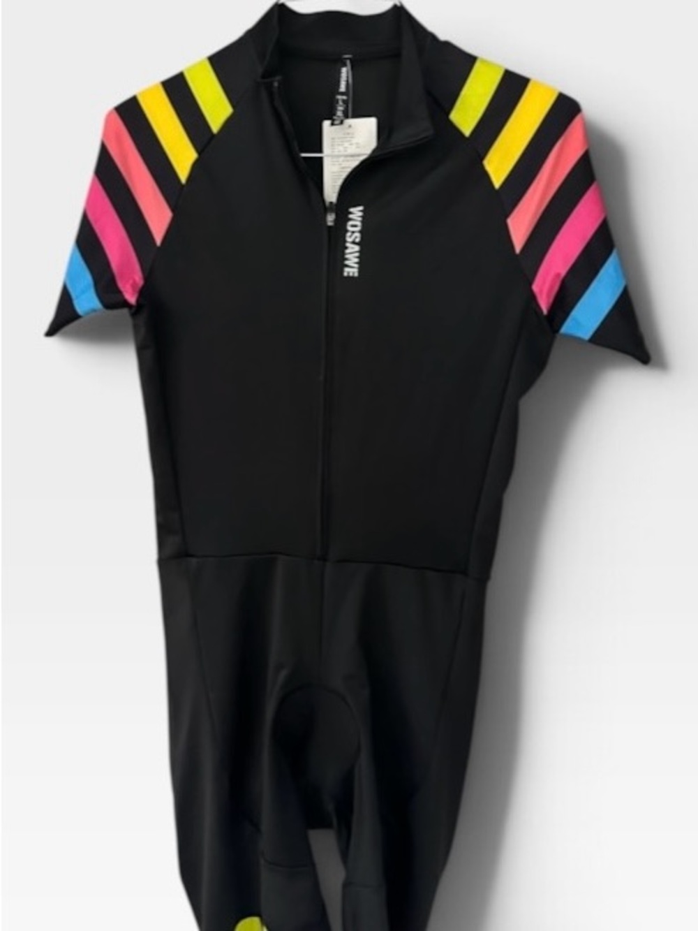 Black Short-Sleeve Cycling Bodysuit with Multicolor Shoulder Stripes